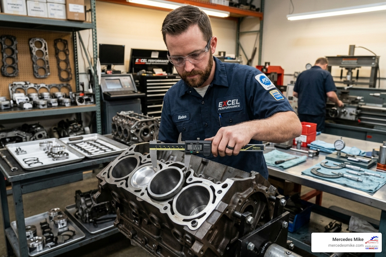 A technician using precision calipers to measure cylinder bore tolerances in an engine block - cost to rebuild engine
