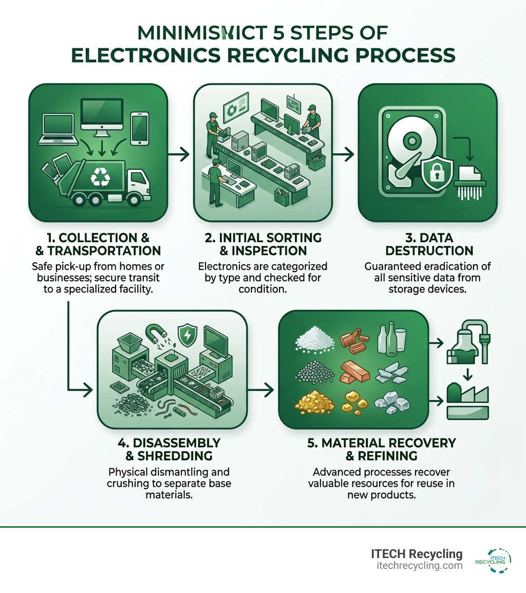 Infographic summarizing the 5 steps of the electronics recycling process - how to recycle electronics infographic 
