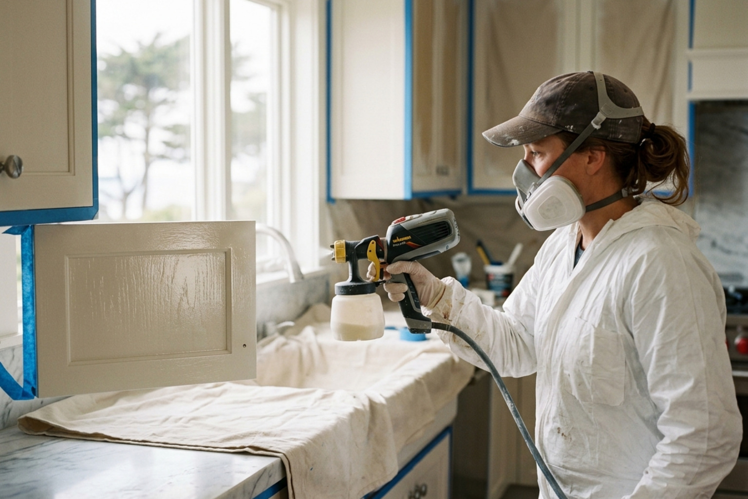 industrial spray application for kitchen cabinets, kitchen cabinet refinishing Carmel
