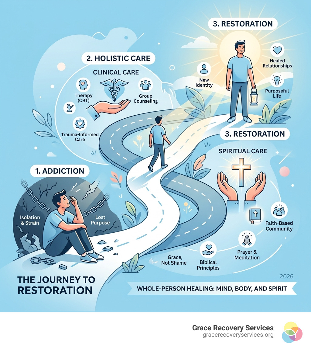 Infographic showing the holistic journey from addiction through clinical and spiritual care to restoration - faith recovery Infographic showing the holistic journey from addiction through clinical and spiritual care to restoration - faith recovery