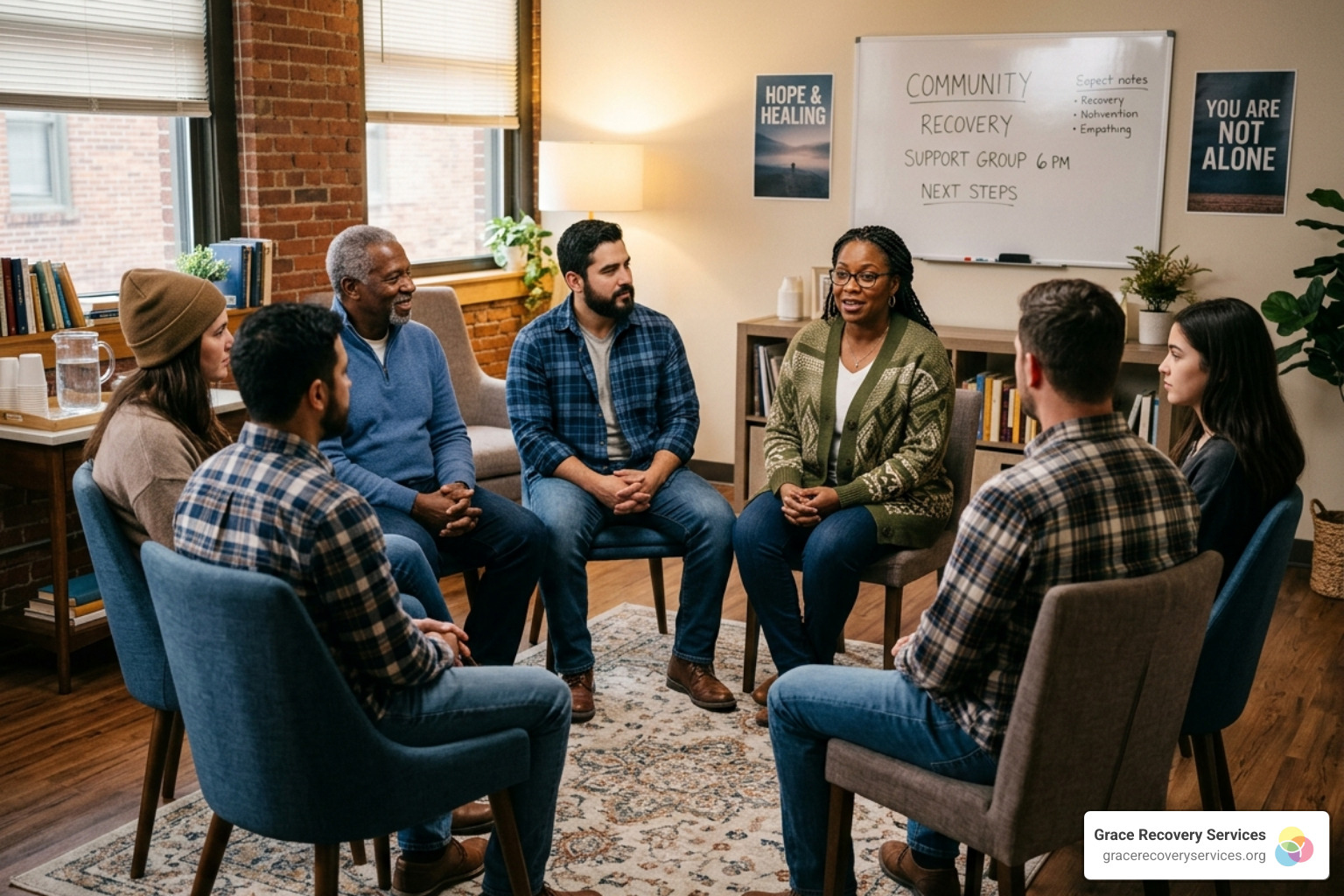 Supportive group therapy session representing community in recovery - Western PA Christian rehab