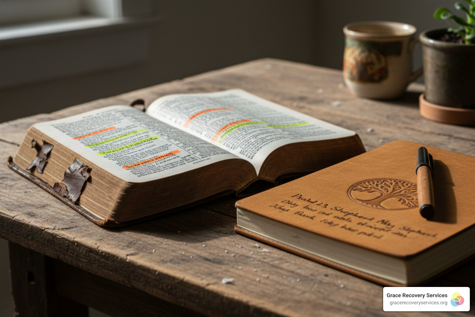 A Bible and a notebook on a wooden table for spiritual reflection - Christian rehab near Pittsburgh