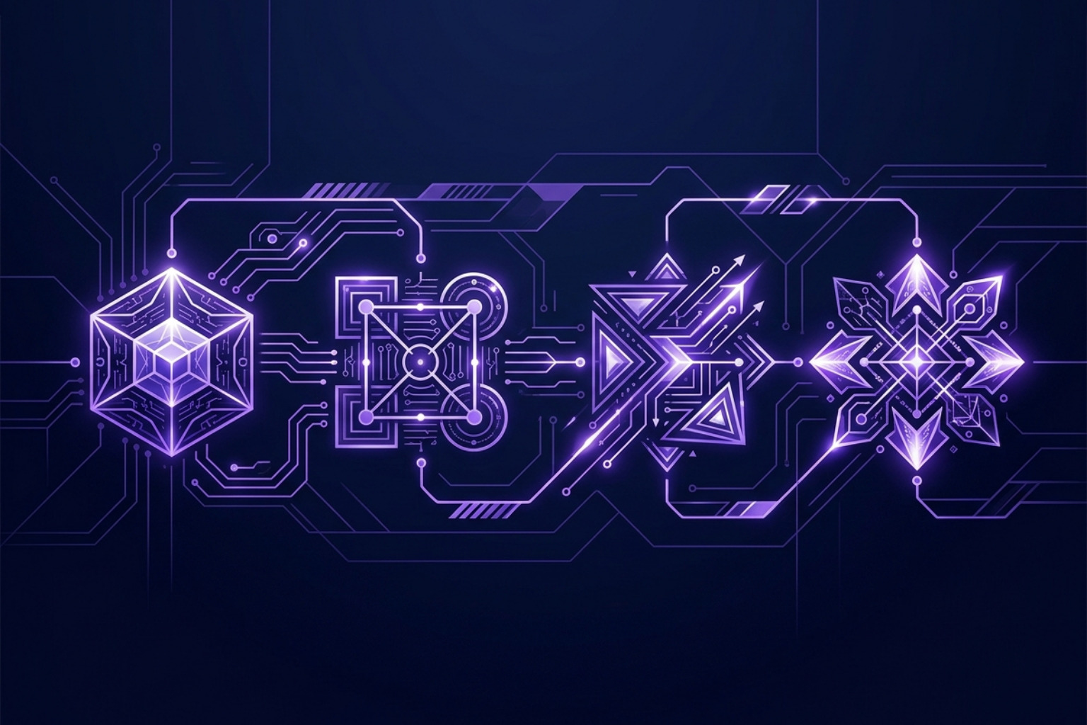 abstract 4-step workflow diagram with geometric shapes and circuits - how to measure ai visibility for marketing campaigns