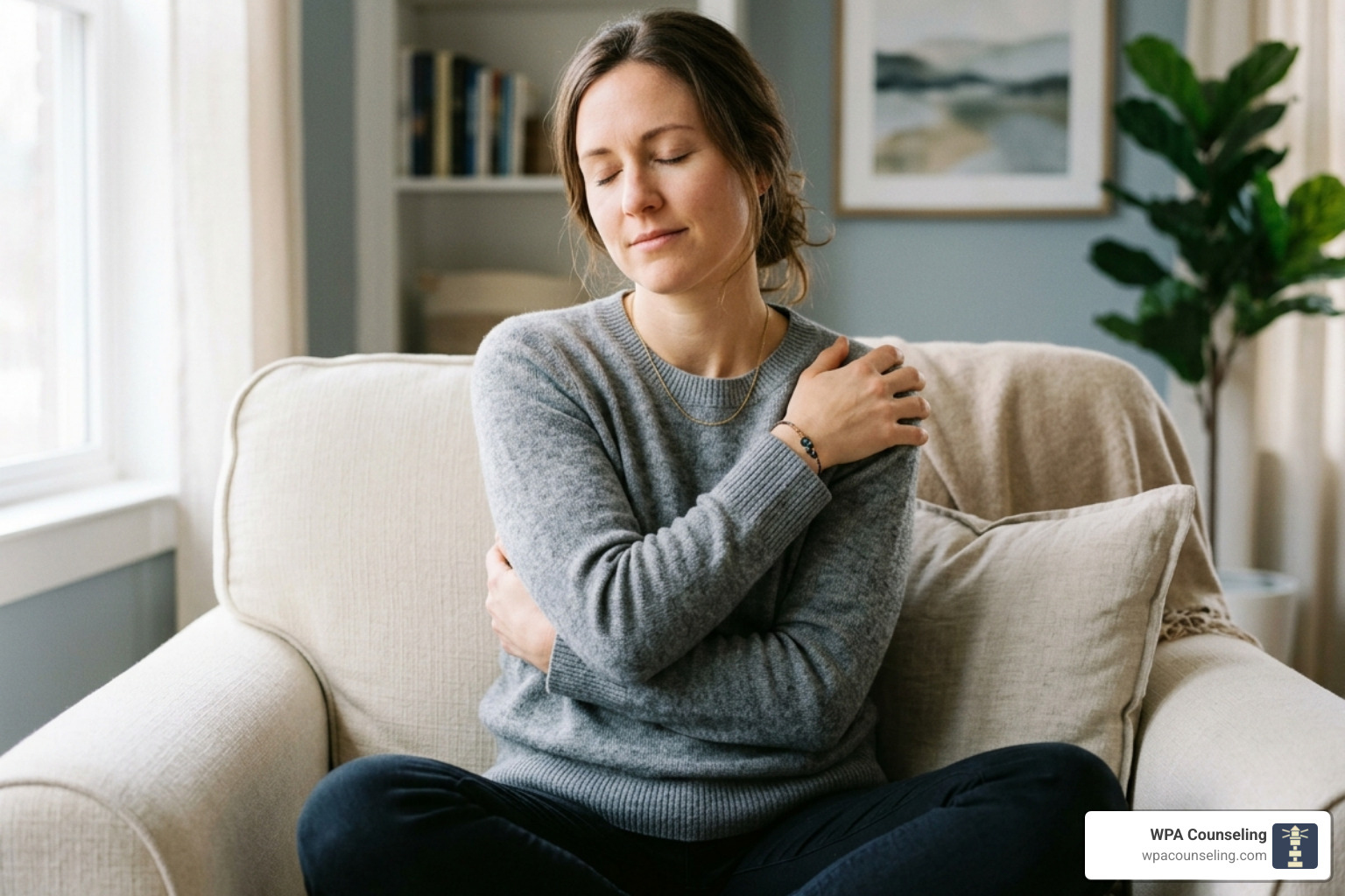 A person performing a self-hug for containment - somatic exercises for anxiety pdf A person performing a self-hug for containment - somatic exercises for anxiety pdf