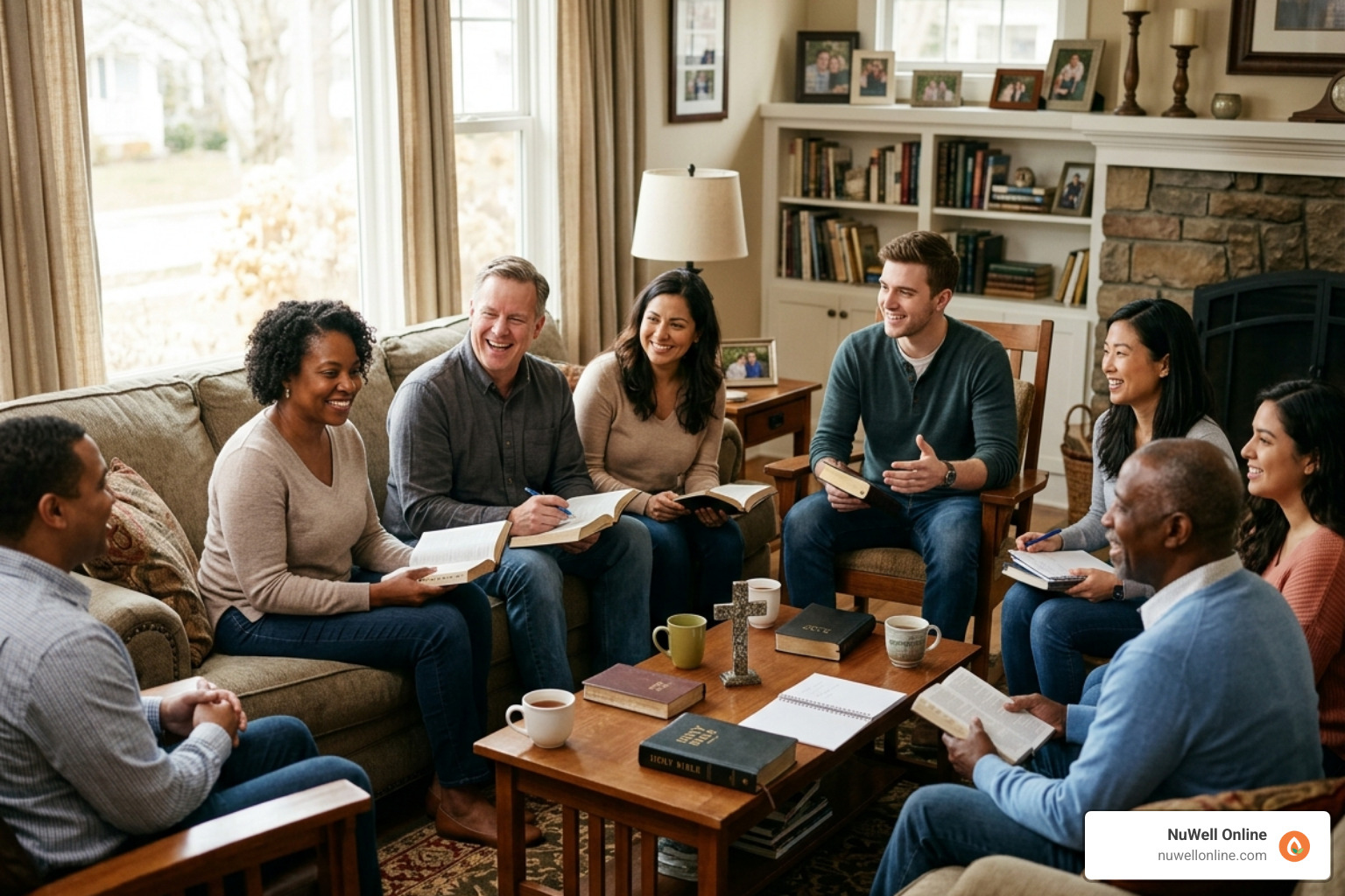 A supportive Christian small group meeting in a living room, representing community support - Christian therapy for anxiety