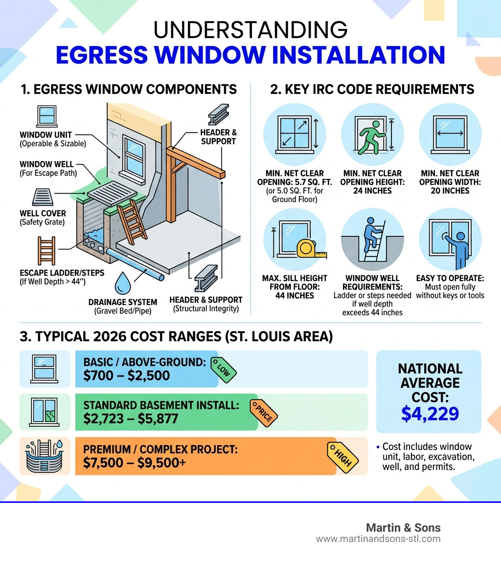 Infographic showing egress window components, IRC code requirements, and 2026 cost ranges - egress window installation cost Infographic showing egress window components, IRC code requirements, and 2026 cost ranges - egress window installation cost