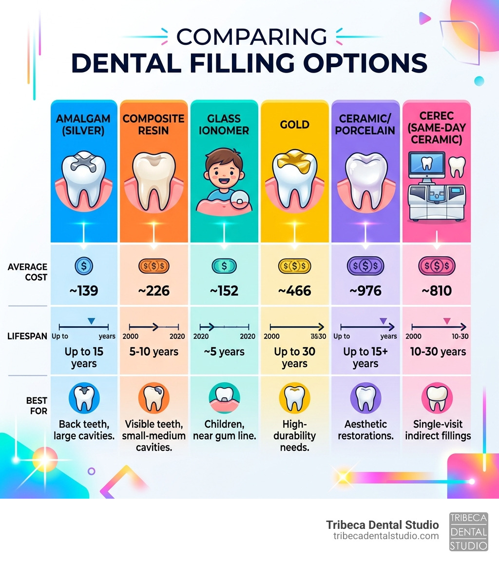 Infographic comparing dental filling options by material, cost, lifespan, and best use case - Dental filling options Infographic comparing dental filling options by material, cost, lifespan, and best use case - Dental filling options