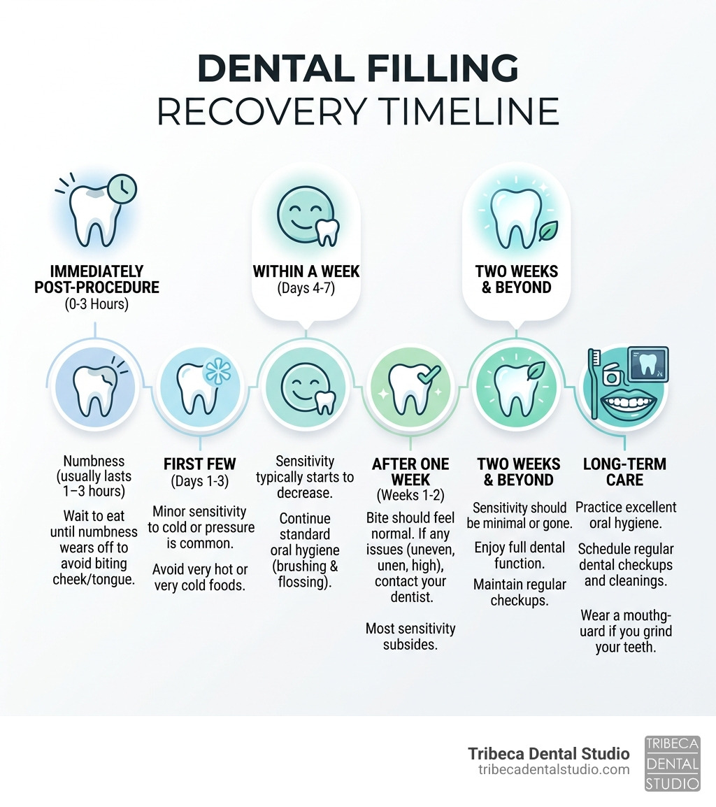 Infographic of the dental filling recovery timeline - Dental filling options infographic Infographic of the dental filling recovery timeline - Dental filling options infographic