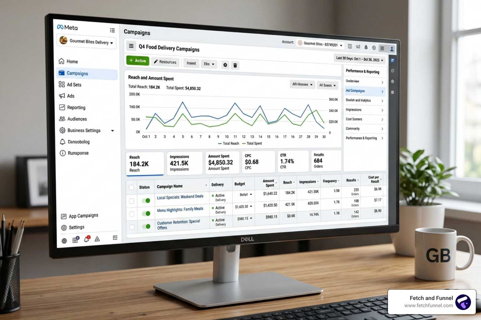 Meta Ads Manager interface showing campaign dashboard - facebook ads for food business Meta Ads Manager interface showing campaign dashboard - facebook ads for food business