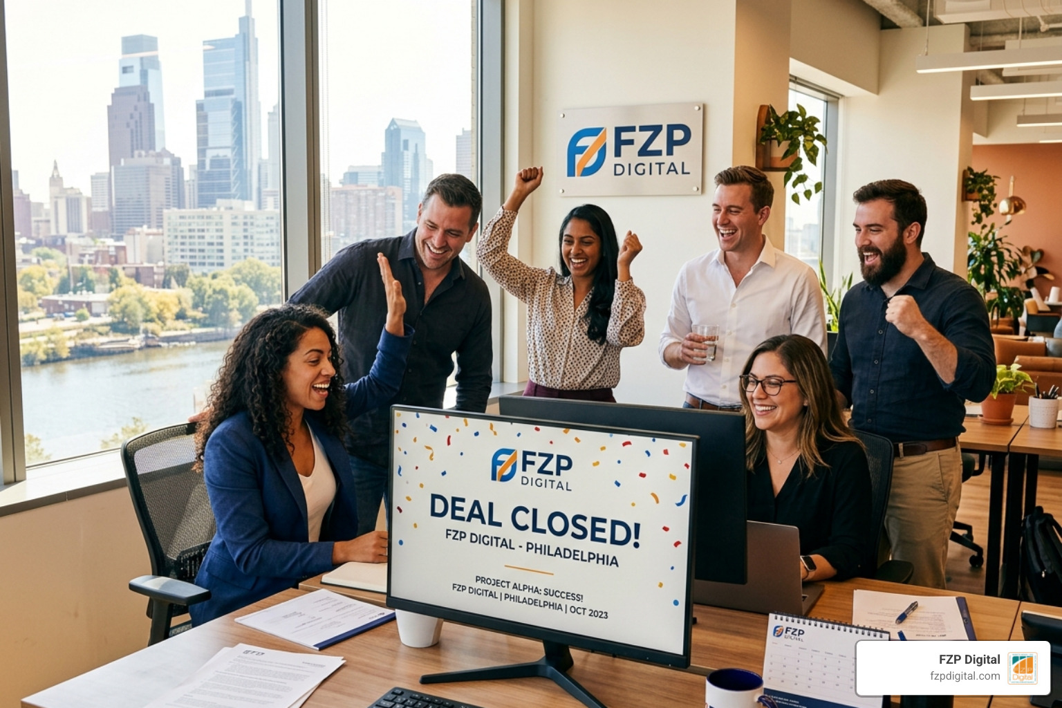 A happy sales team in a Philadelphia office celebrating a closed deal shown on a screen - pipedrive crm integration A happy sales team in a Philadelphia office celebrating a closed deal shown on a screen - pipedrive crm integration