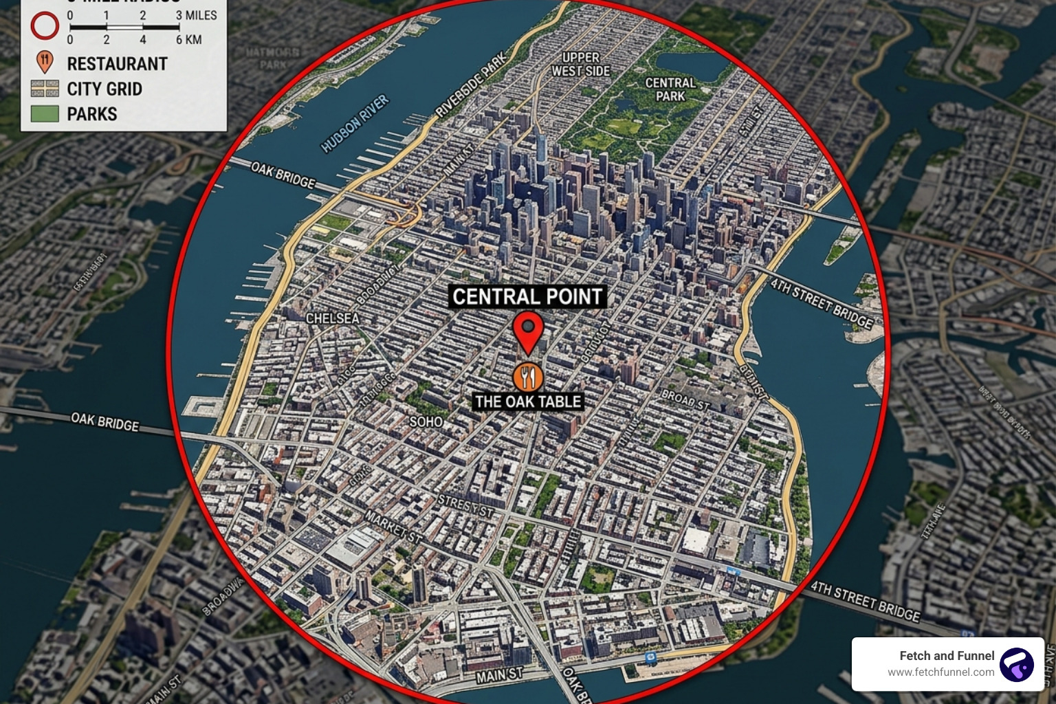 Map showing a 3-mile radius geofence around a restaurant location - facebook ads for food business Map showing a 3-mile radius geofence around a restaurant location - facebook ads for food business