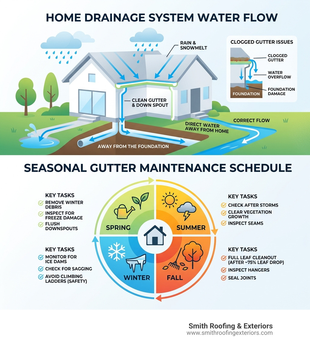 Infographic showing home drainage system water flow and seasonal gutter maintenance schedule by season - gutter maintenance Infographic showing home drainage system water flow and seasonal gutter maintenance schedule by season - gutter maintenance