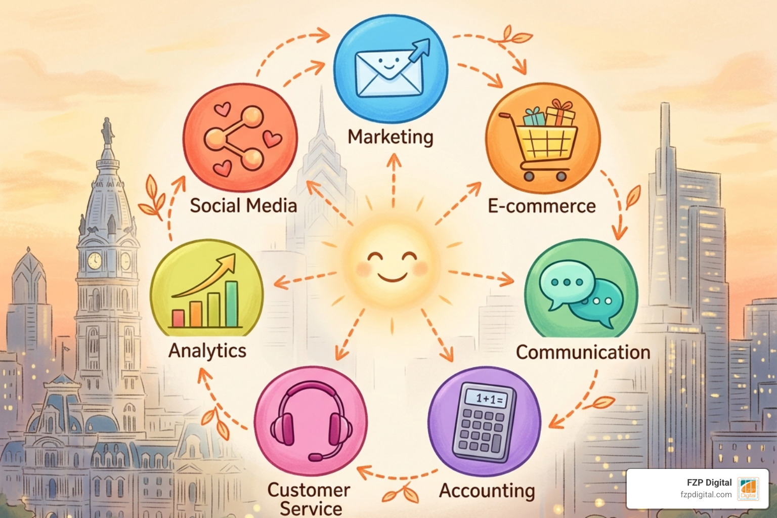 Diagram showing seven main types of CRM integrations: Marketing, E-commerce, Communication, Accounting, Customer Service Diagram showing seven main types of CRM integrations: Marketing, E-commerce, Communication, Accounting, Customer Service