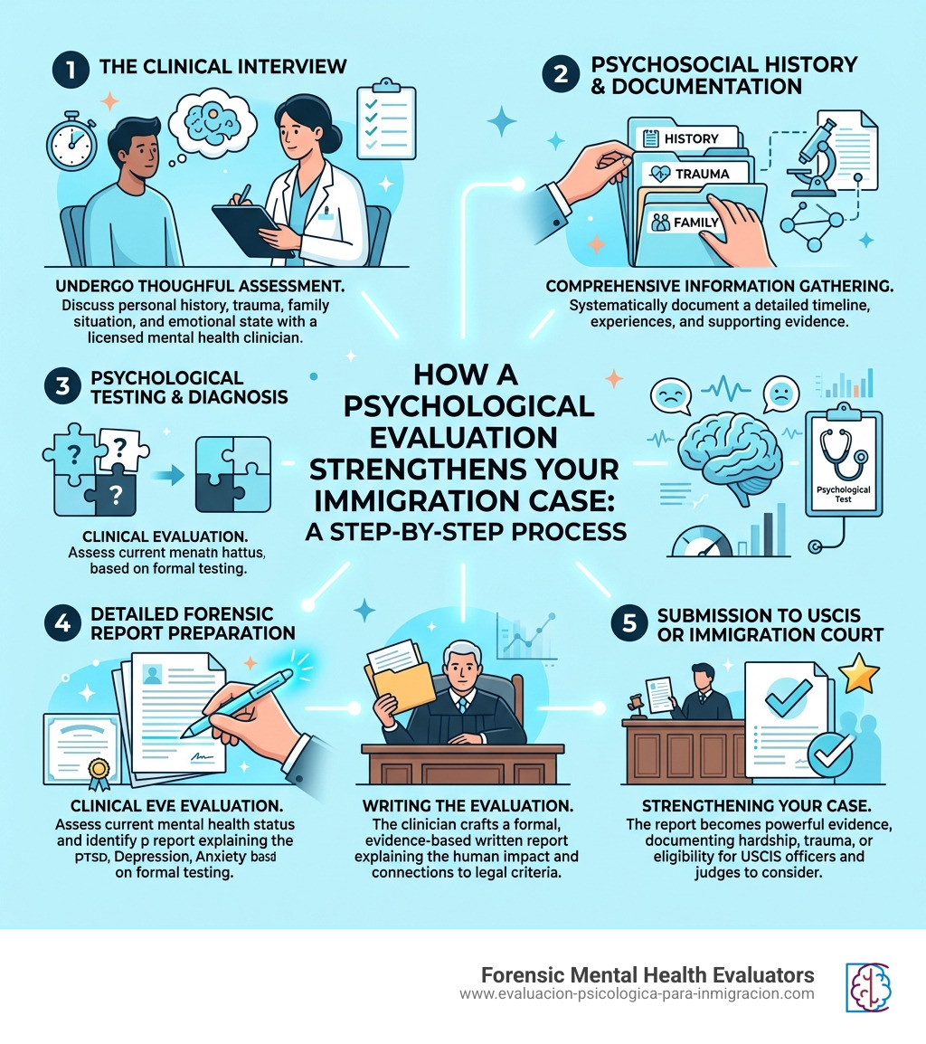 Infographic showing how a psychological evaluation report strengthens immigration cases step by step - evaluation for Infographic showing how a psychological evaluation report strengthens immigration cases step by step - evaluation for