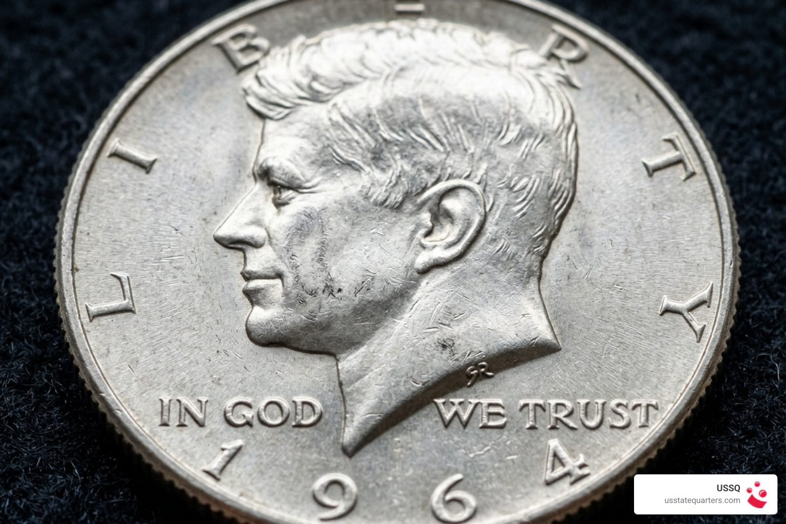 1964 Kennedy Half showing the designer's GR monogram on the bust - half dollar coin 1964 Kennedy Half showing the designer's GR monogram on the bust - half dollar coin