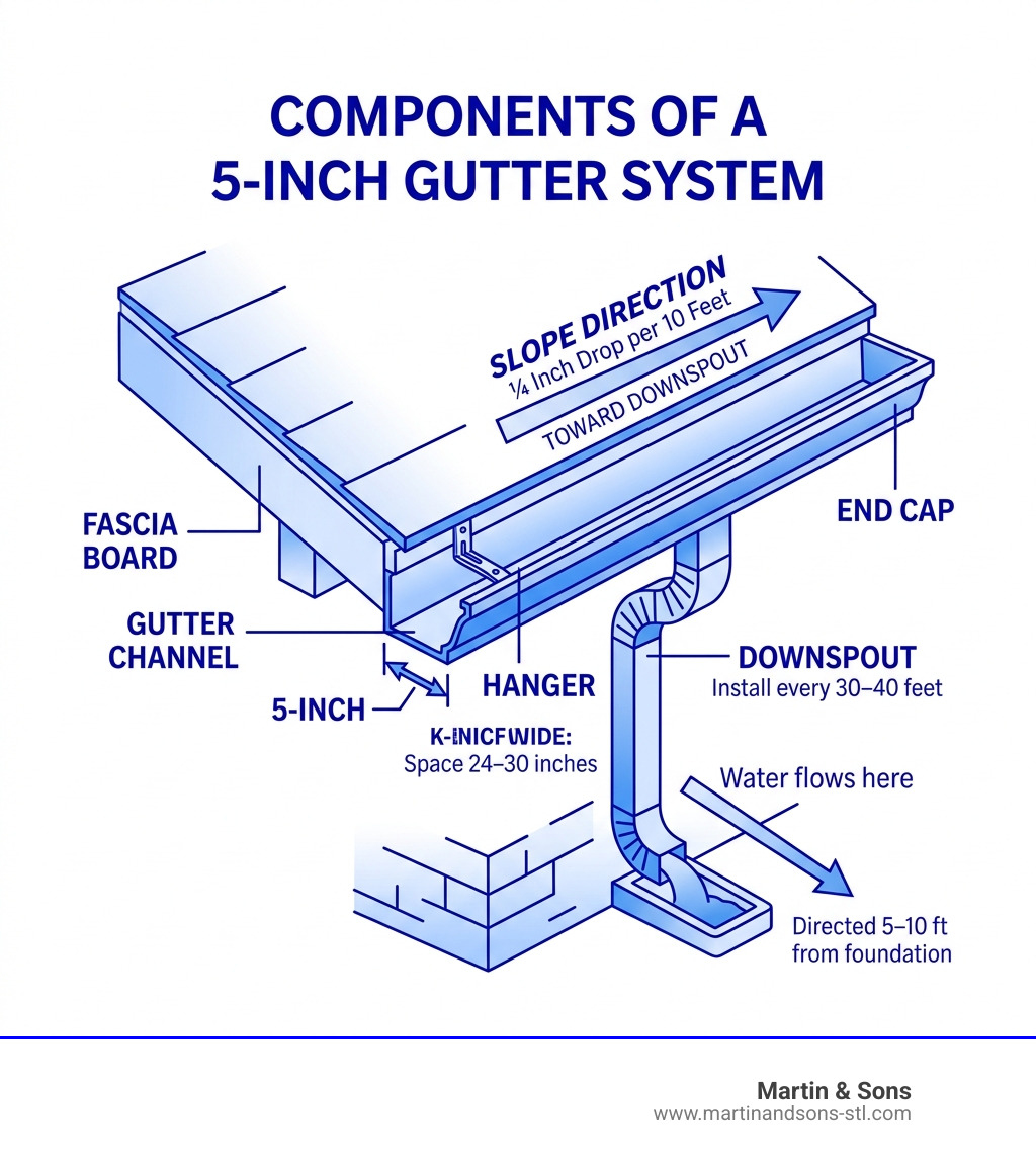 Infographic showing components of a 5-inch gutter system: fascia, hanger, gutter channel, end cap, downspout, and slope Infographic showing components of a 5-inch gutter system: fascia, hanger, gutter channel, end cap, downspout, and slope