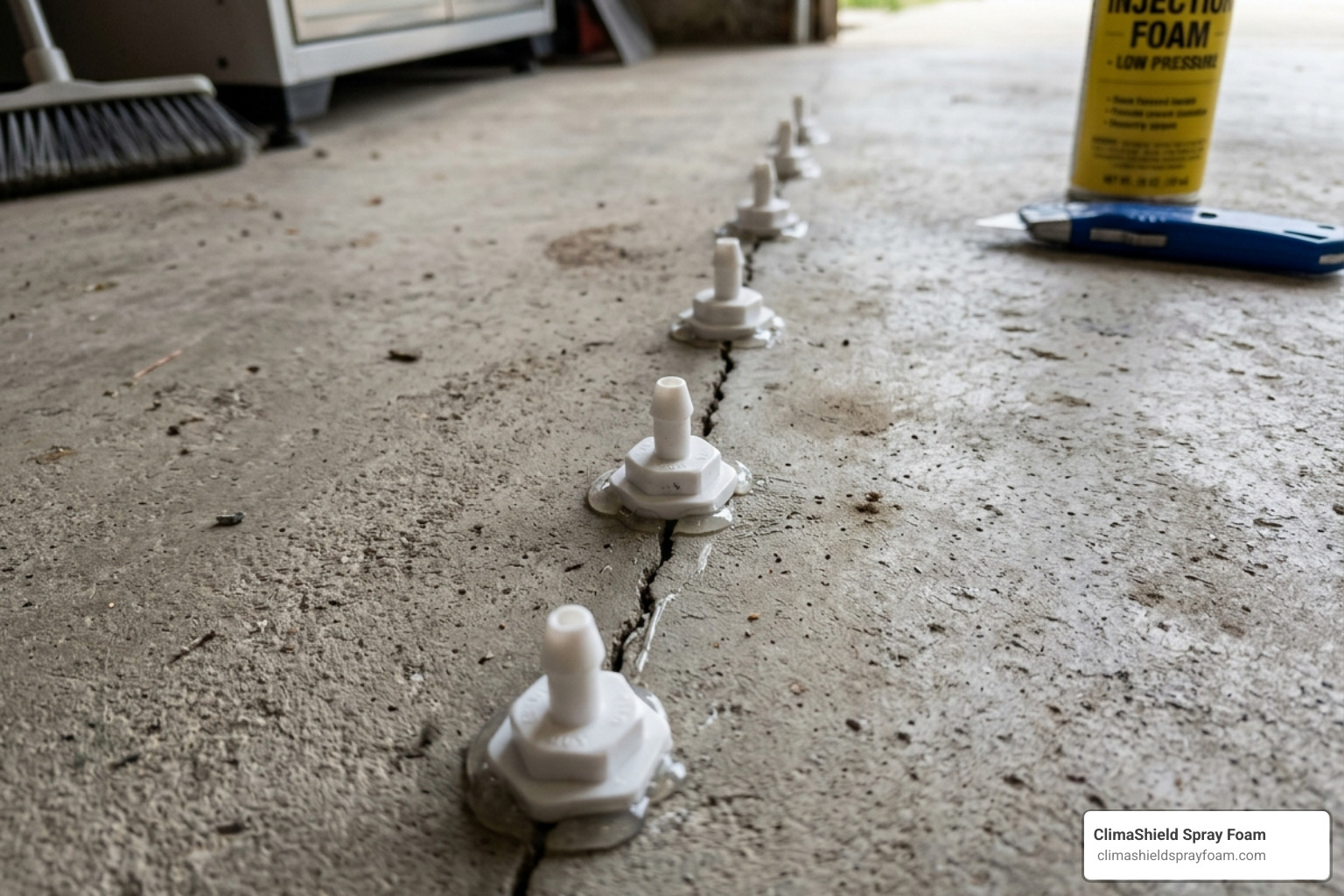 Injection ports installed along a concrete crack for low-pressure foam application - expanding foam for concrete cracks