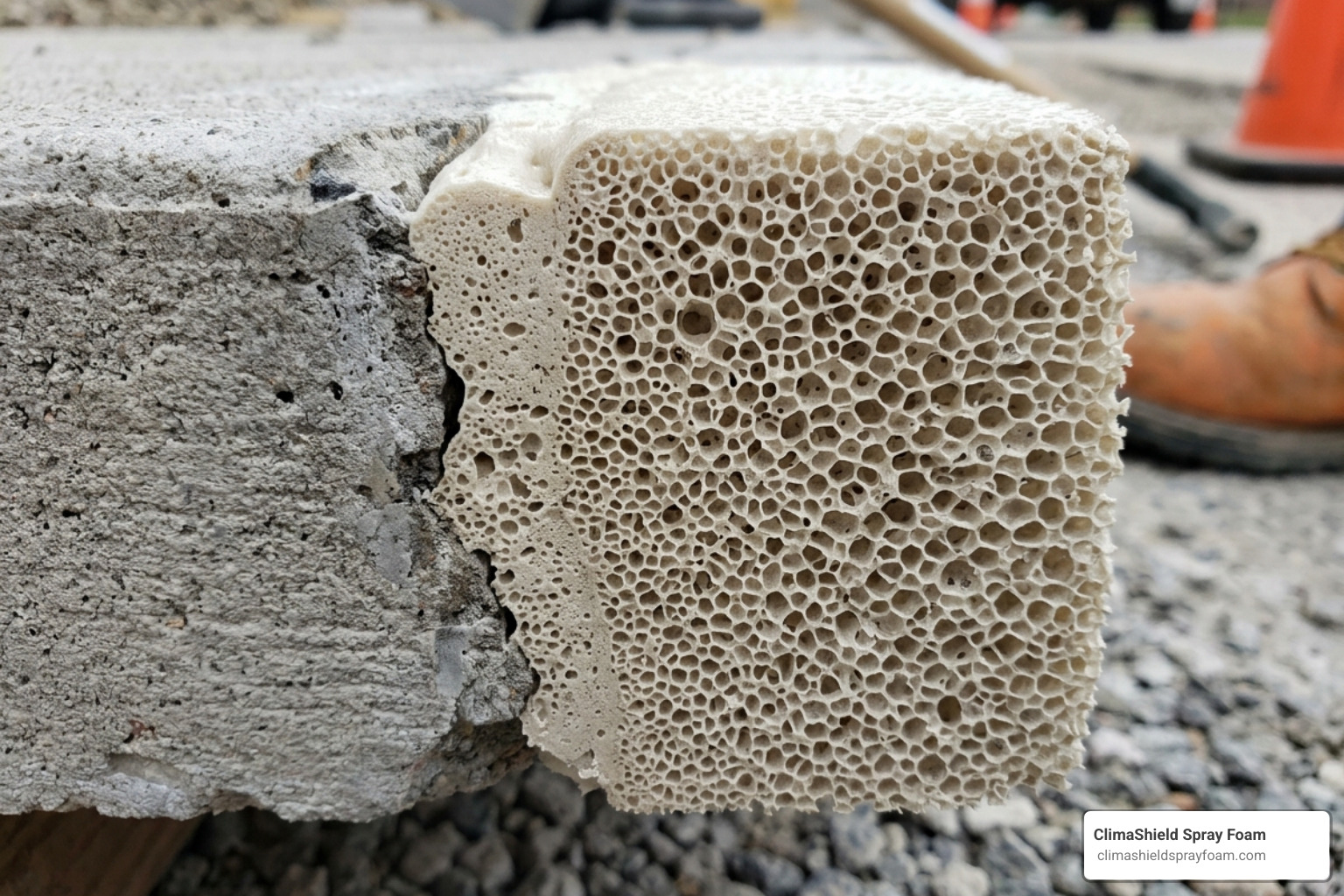 The dense, closed-cell structure of polyurethane foam used for concrete repair - expanding foam for concrete cracks
