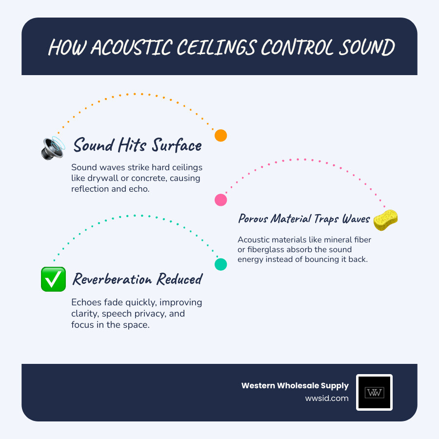 Infographic showing how acoustic ceiling panels absorb, reflect, and block sound waves - acoustic ceiling systems Infographic showing how acoustic ceiling panels absorb, reflect, and block sound waves - acoustic ceiling systems