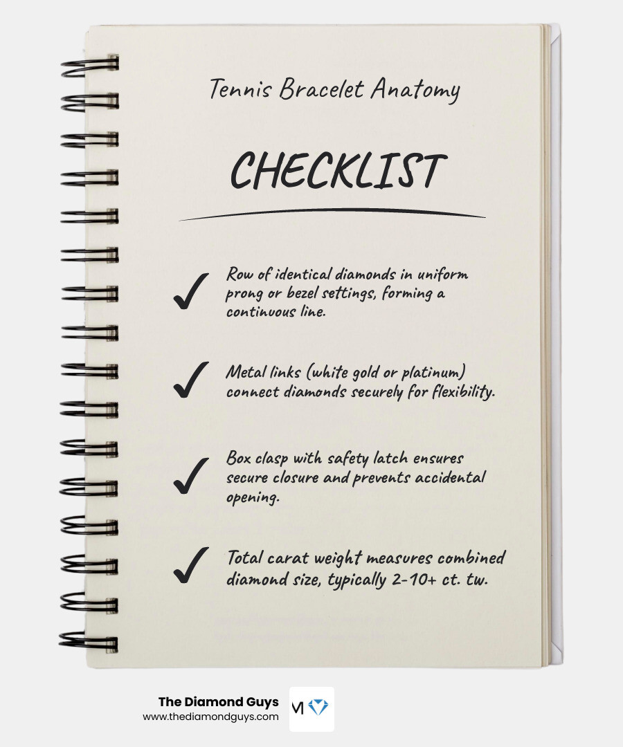 Infographic showing anatomy of a tennis bracelet: diamonds, setting types, clasp, metal, and carat weight - 8 inch diamond Infographic showing anatomy of a tennis bracelet: diamonds, setting types, clasp, metal, and carat weight - 8 inch diamond