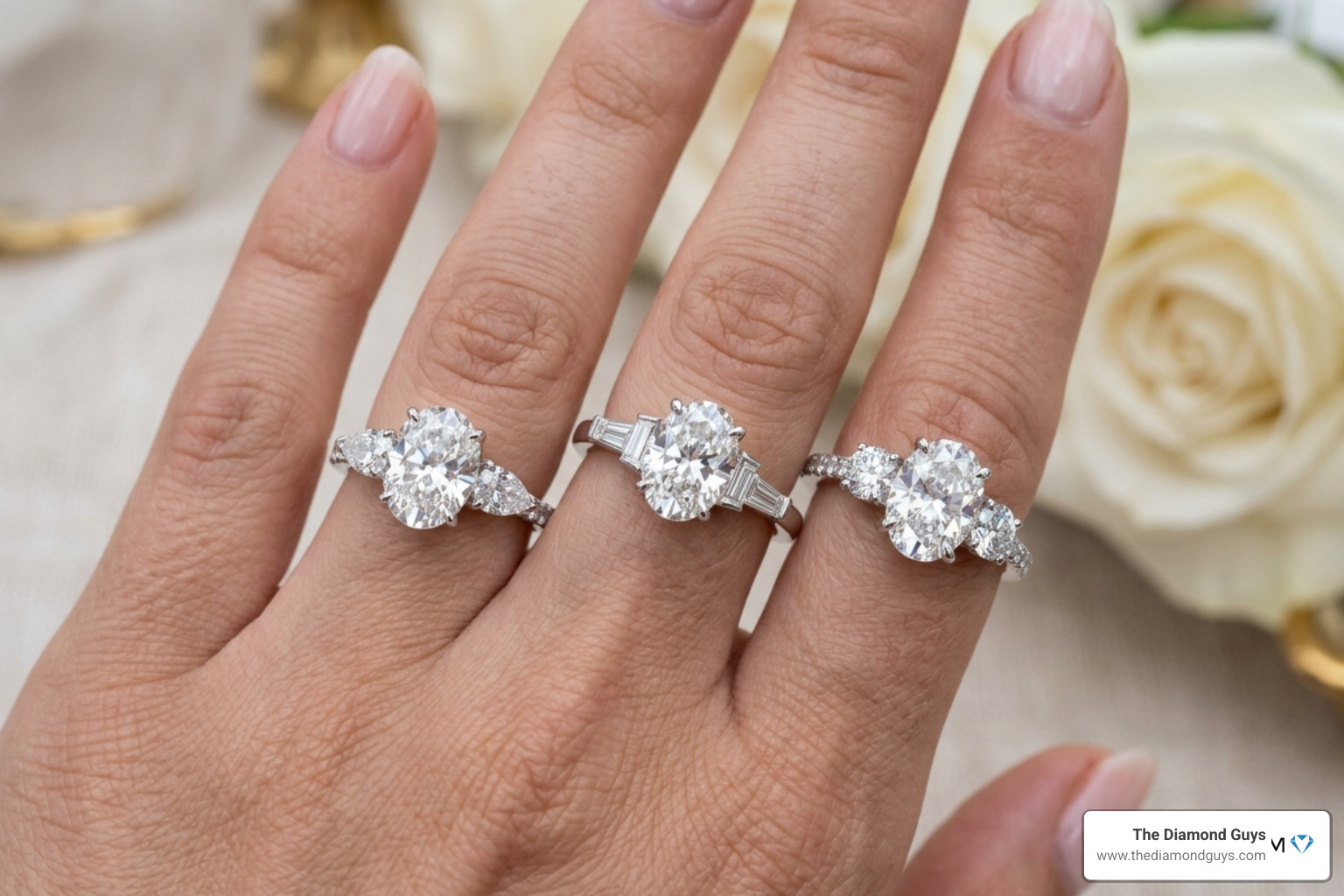 Side stones pairing options for oval center diamonds including pears, baguettes, and rounds - 3 stone oval engagement ring Side stones pairing options for oval center diamonds including pears, baguettes, and rounds - 3 stone oval engagement ring