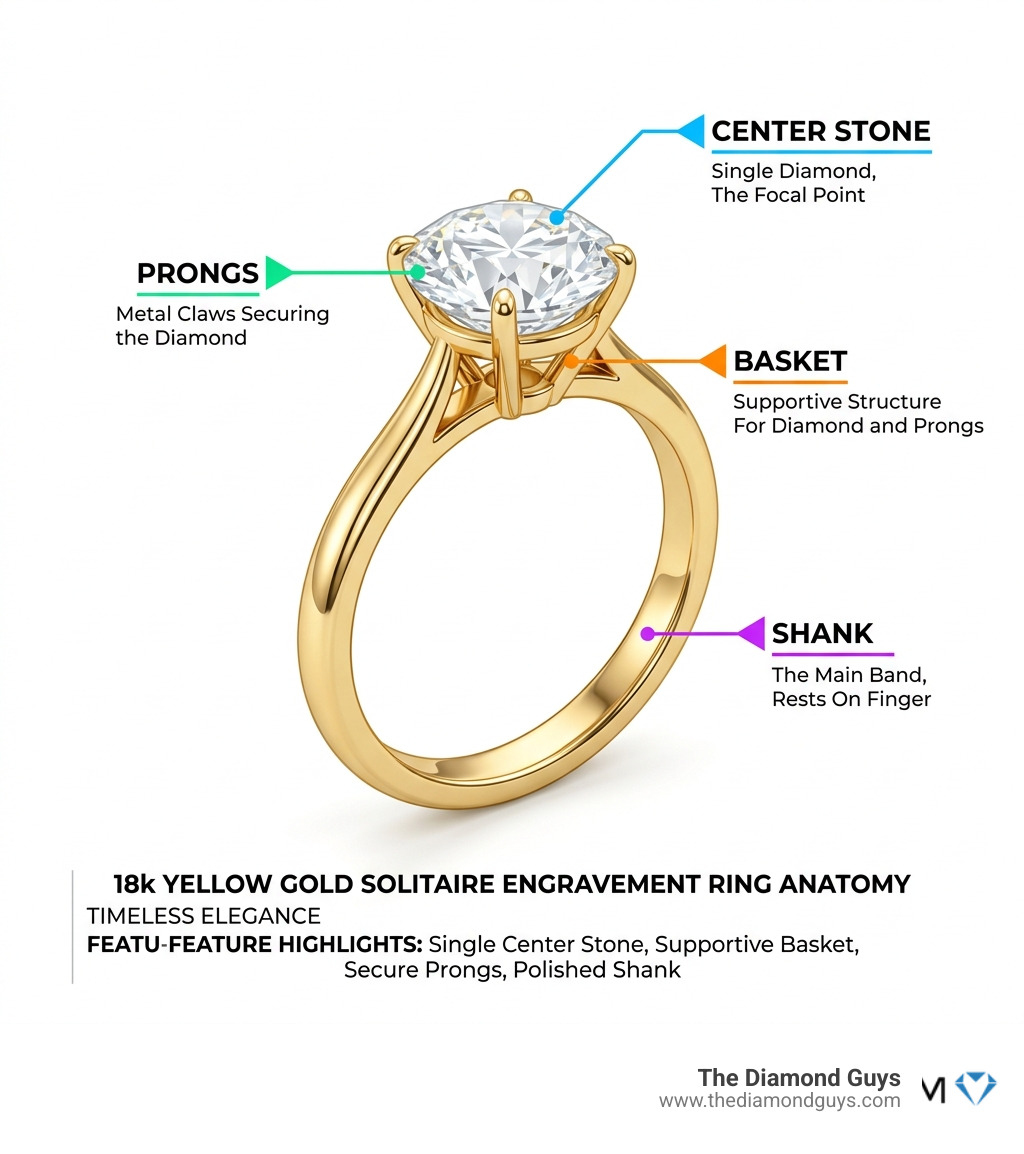 Infographic showing anatomy of an 18k yellow gold solitaire engagement ring: prongs, shank, basket, and center stone - 18k Infographic showing anatomy of an 18k yellow gold solitaire engagement ring: prongs, shank, basket, and center stone - 18k