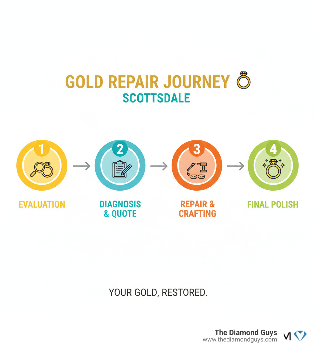 4-step gold repair journey from evaluation to final polish in Scottsdale - Gold jewelry repair Scottsdale infographic 4-step gold repair journey from evaluation to final polish in Scottsdale - Gold jewelry repair Scottsdale infographic
