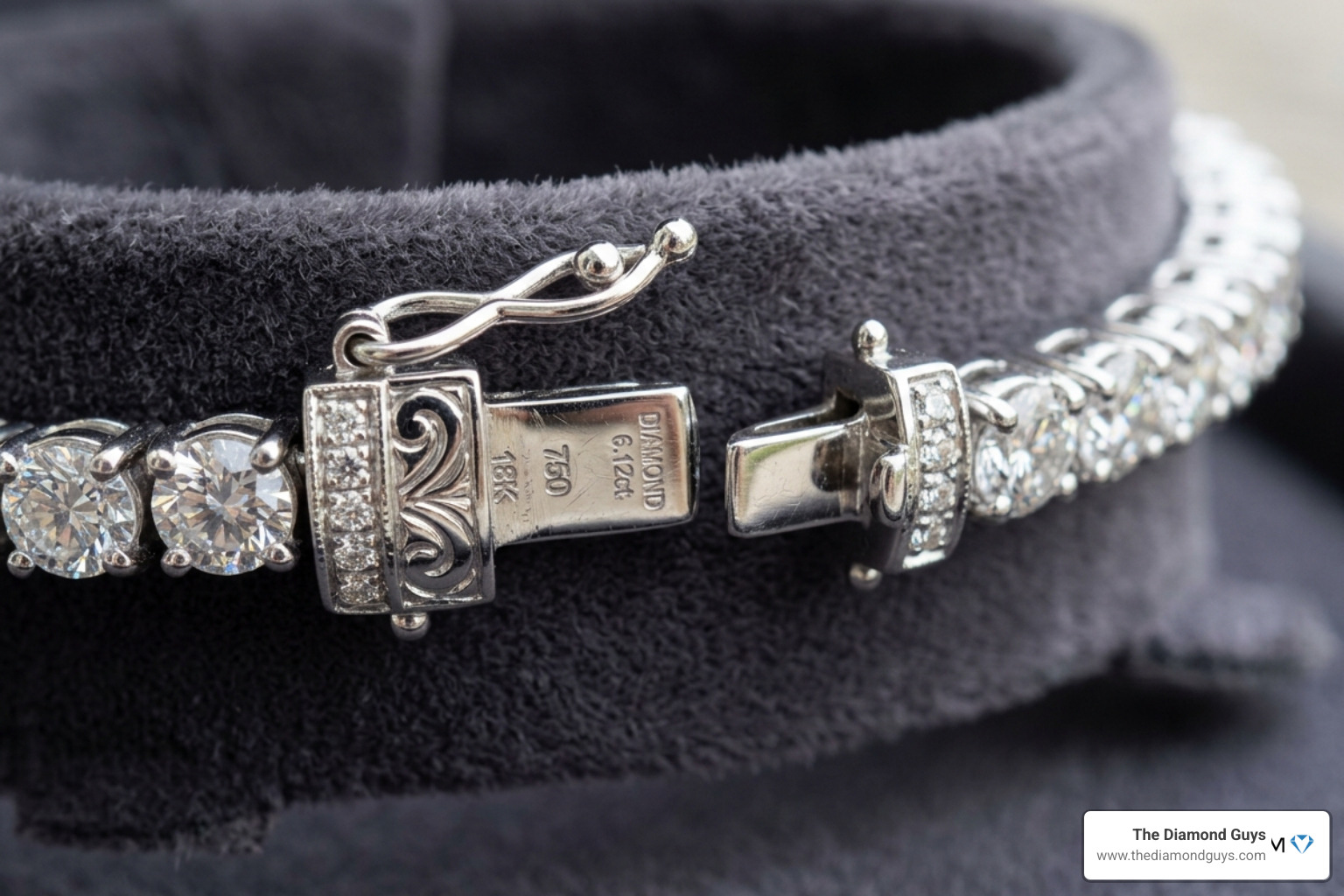 Close up of a box clasp with safety latch on a diamond bracelet - 8 inch diamond tennis bracelet white Close up of a box clasp with safety latch on a diamond bracelet - 8 inch diamond tennis bracelet white
