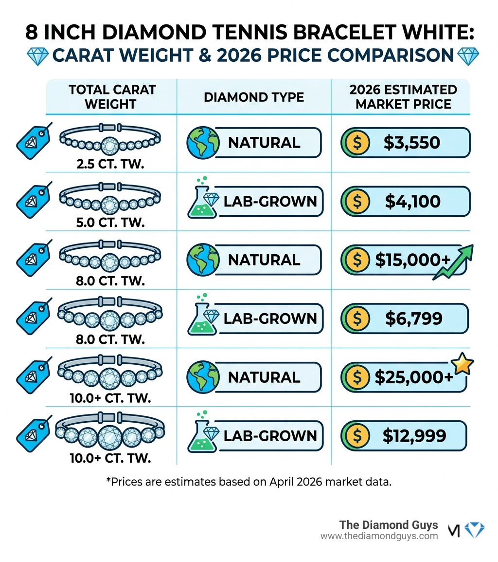 Table comparing carat weight, diamond type, and 2026 market price - 8 inch diamond tennis bracelet white infographic Table comparing carat weight, diamond type, and 2026 market price - 8 inch diamond tennis bracelet white infographic