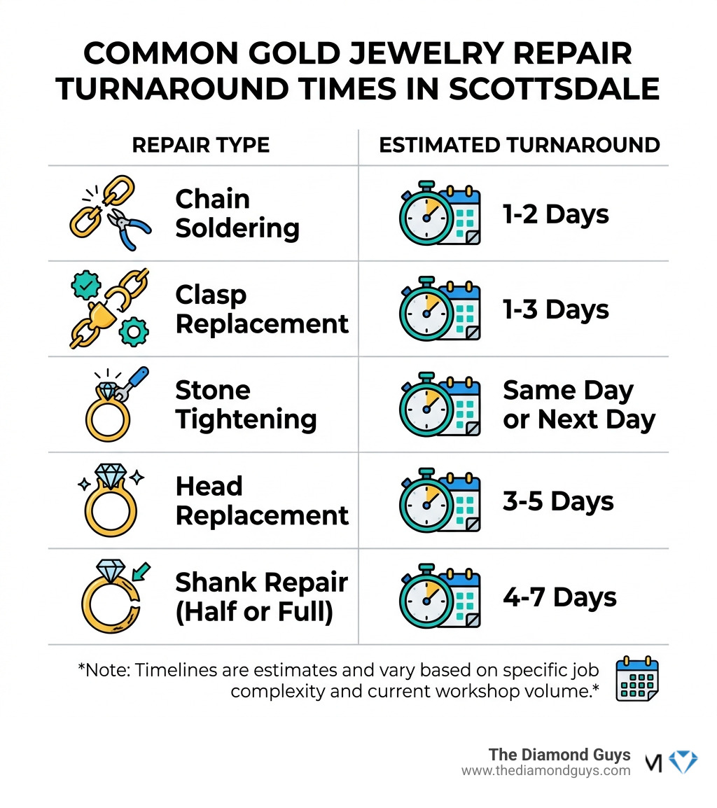 Table comparing turnaround times for common gold repairs in Scottsdale - Gold jewelry repair Scottsdale infographic Table comparing turnaround times for common gold repairs in Scottsdale - Gold jewelry repair Scottsdale infographic