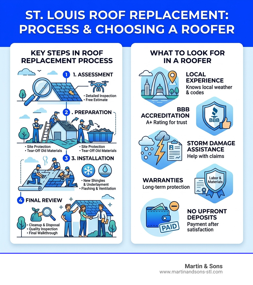 Infographic showing key steps in the St. Louis roof replacement process and what to look for in a roofer - roofing company Infographic showing key steps in the St. Louis roof replacement process and what to look for in a roofer - roofing company