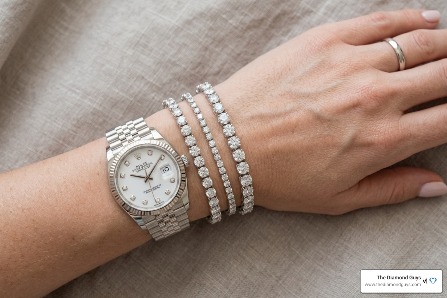 Stacked white gold diamond bracelets on a wrist with a luxury watch - 8 inch diamond tennis bracelet white Stacked white gold diamond bracelets on a wrist with a luxury watch - 8 inch diamond tennis bracelet white