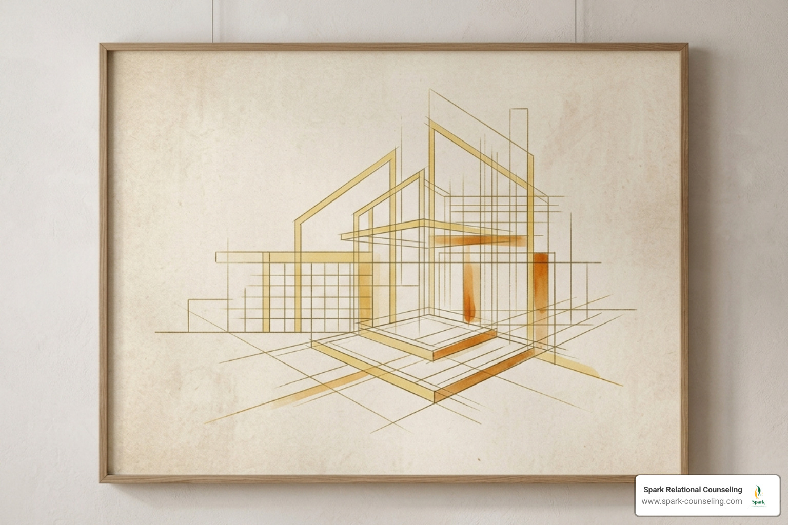 Muted yellow architectural lines representing the structure of a new foundation - Rebuild trust after affair