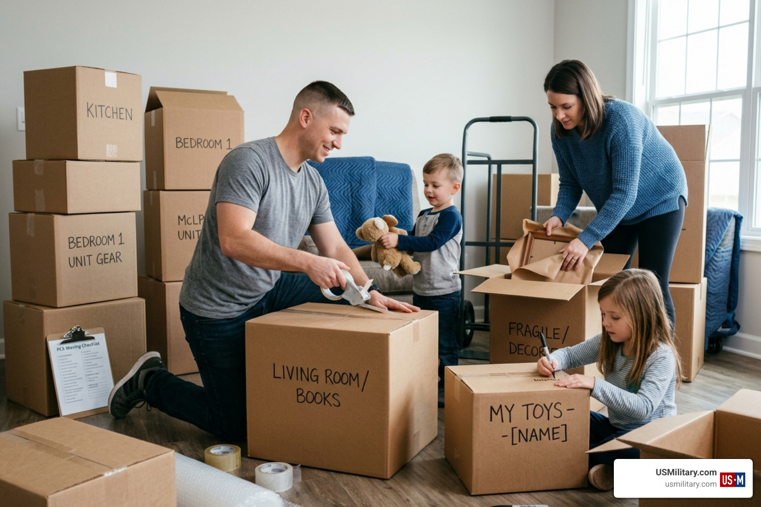 A Soldier and their family packing boxes and preparing for a PCS move - army financial advisor A Soldier and their family packing boxes and preparing for a PCS move - army financial advisor