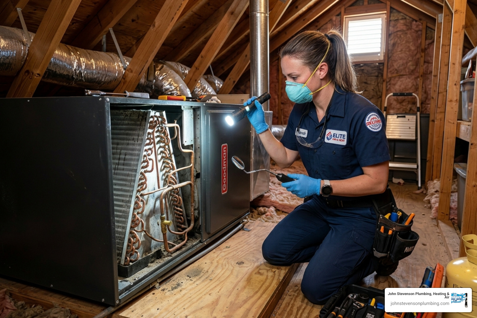 HVAC technician inspecting an evaporator coil for leaks and corrosion - cost of repairing old ac vs buying new system HVAC technician inspecting an evaporator coil for leaks and corrosion - cost of repairing old ac vs buying new system