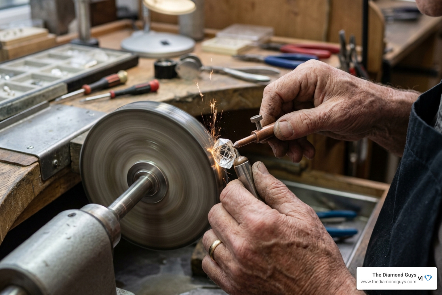 Diamond being precision cut by a master jeweler - difference between real and synthetic diamonds Diamond being precision cut by a master jeweler - difference between real and synthetic diamonds