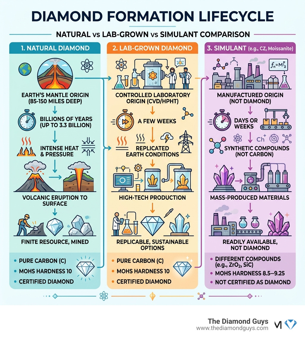 Diamond formation lifecycle infographic: natural vs lab-grown vs simulant comparison - difference between real and synthetic Diamond formation lifecycle infographic: natural vs lab-grown vs simulant comparison - difference between real and synthetic