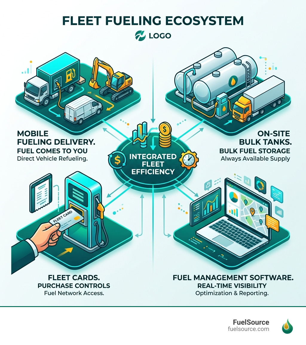 infographic showing fleet fueling ecosystem: mobile delivery, on-site tanks, fleet cards, fuel management software - fleet infographic showing fleet fueling ecosystem: mobile delivery, on-site tanks, fleet cards, fuel management software - fleet