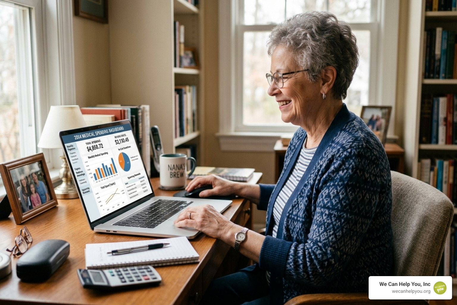 Senior using a digital dashboard to track medical spending and drug costs - Help with Medicare donut hole