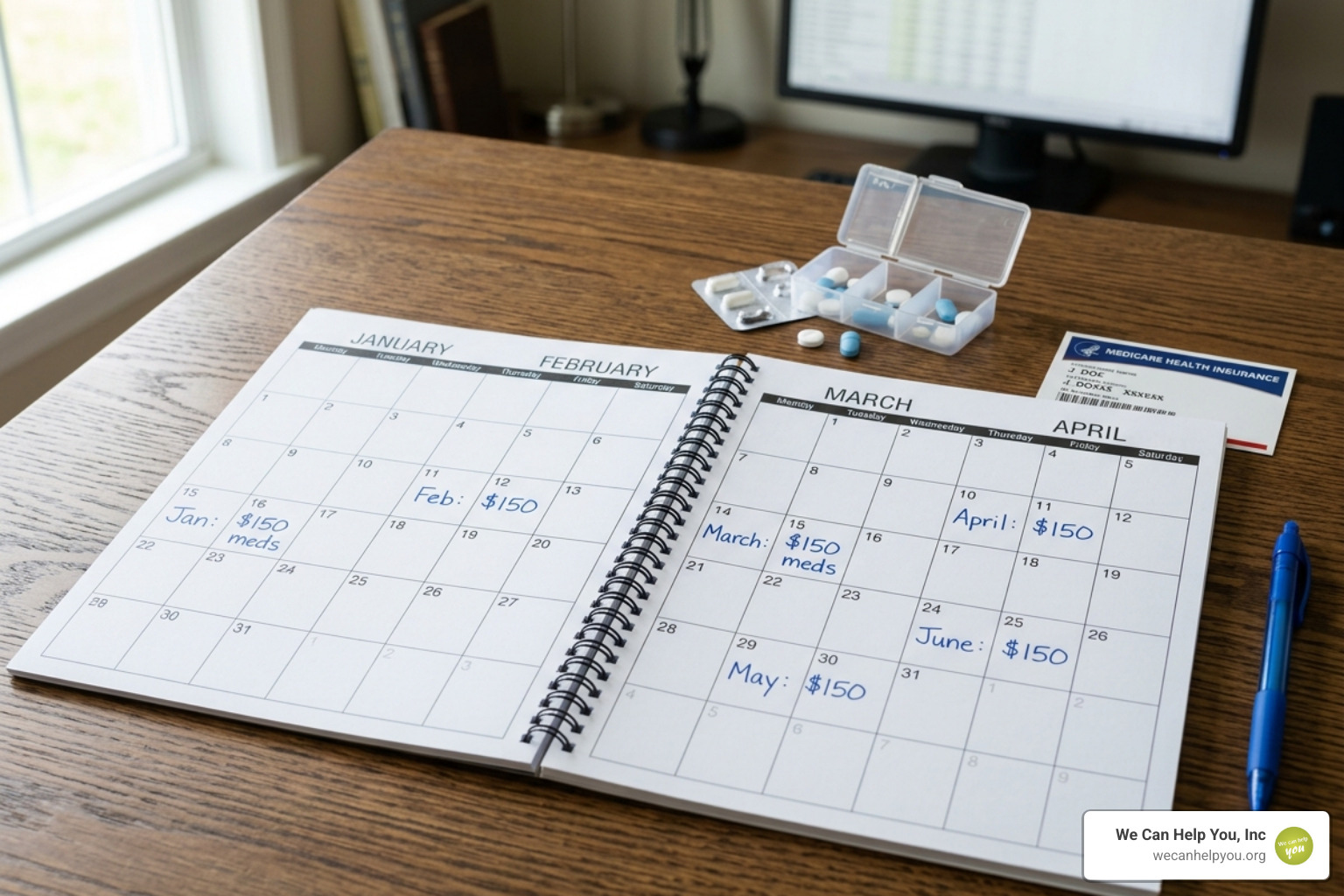 Calendar with notes about monthly prescription payment installments - Help with Medicare donut hole