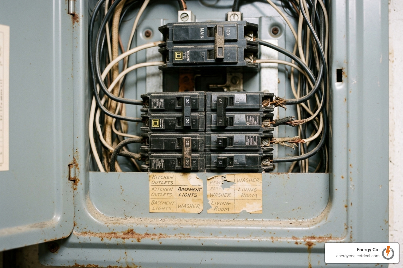 Image of a dated, crowded 100-amp electrical panel with signs of corrosion - AFCI breaker upgrade Chicago