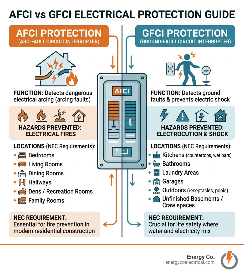 Infographic comparing AFCI vs GFCI protection: locations, hazards prevented, and NEC requirements - AFCI breaker upgrade