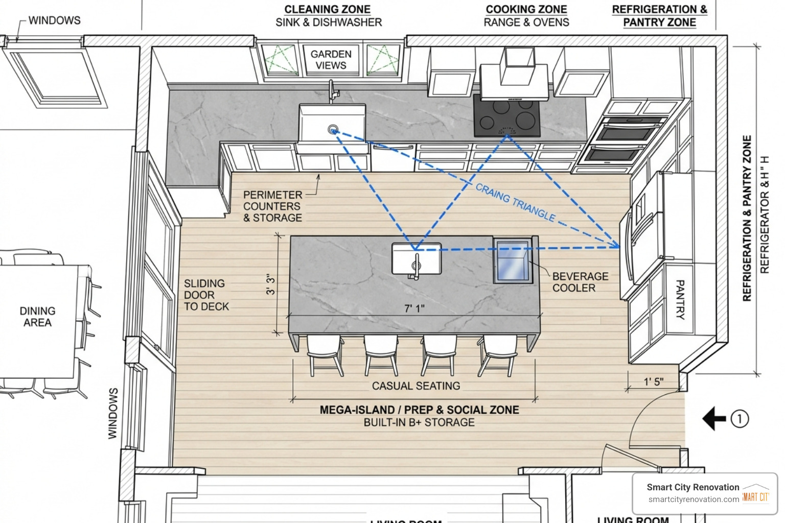 Modern kitchen floor plan showing expanded footprint and workstation zones - kitchen remodeling Modern kitchen floor plan showing expanded footprint and workstation zones - kitchen remodeling