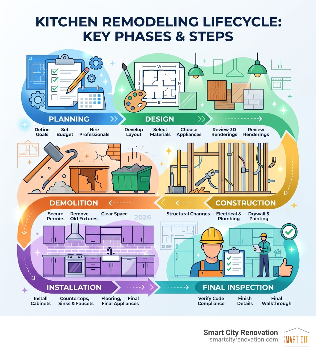 Kitchen remodeling lifecycle infographic: planning, design, demolition, construction phases, and final inspection steps Kitchen remodeling lifecycle infographic: planning, design, demolition, construction phases, and final inspection steps