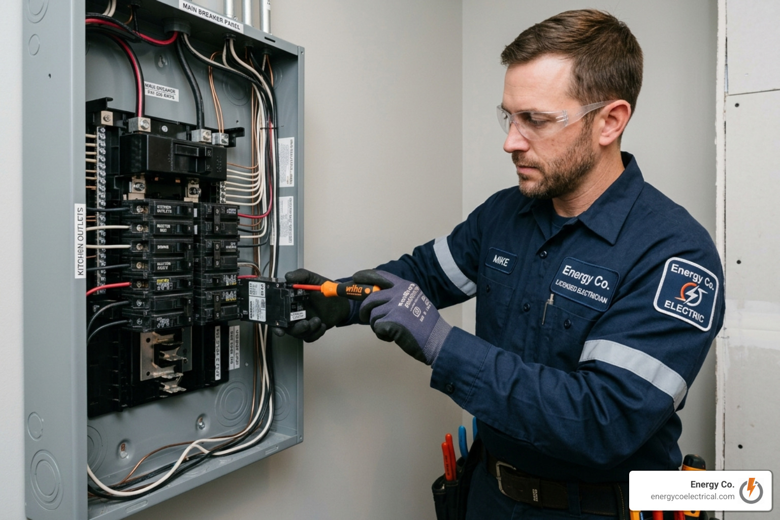 Licensed electrician from Energy Co. installing a new AFCI breaker into a clean, modern panel - AFCI breaker upgrade Chicago