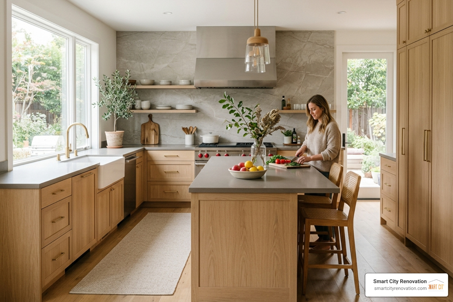 Kitchen featuring white oak cabinetry, a large-format slab backsplash, and warm neutral tones - kitchen remodeling Kitchen featuring white oak cabinetry, a large-format slab backsplash, and warm neutral tones - kitchen remodeling