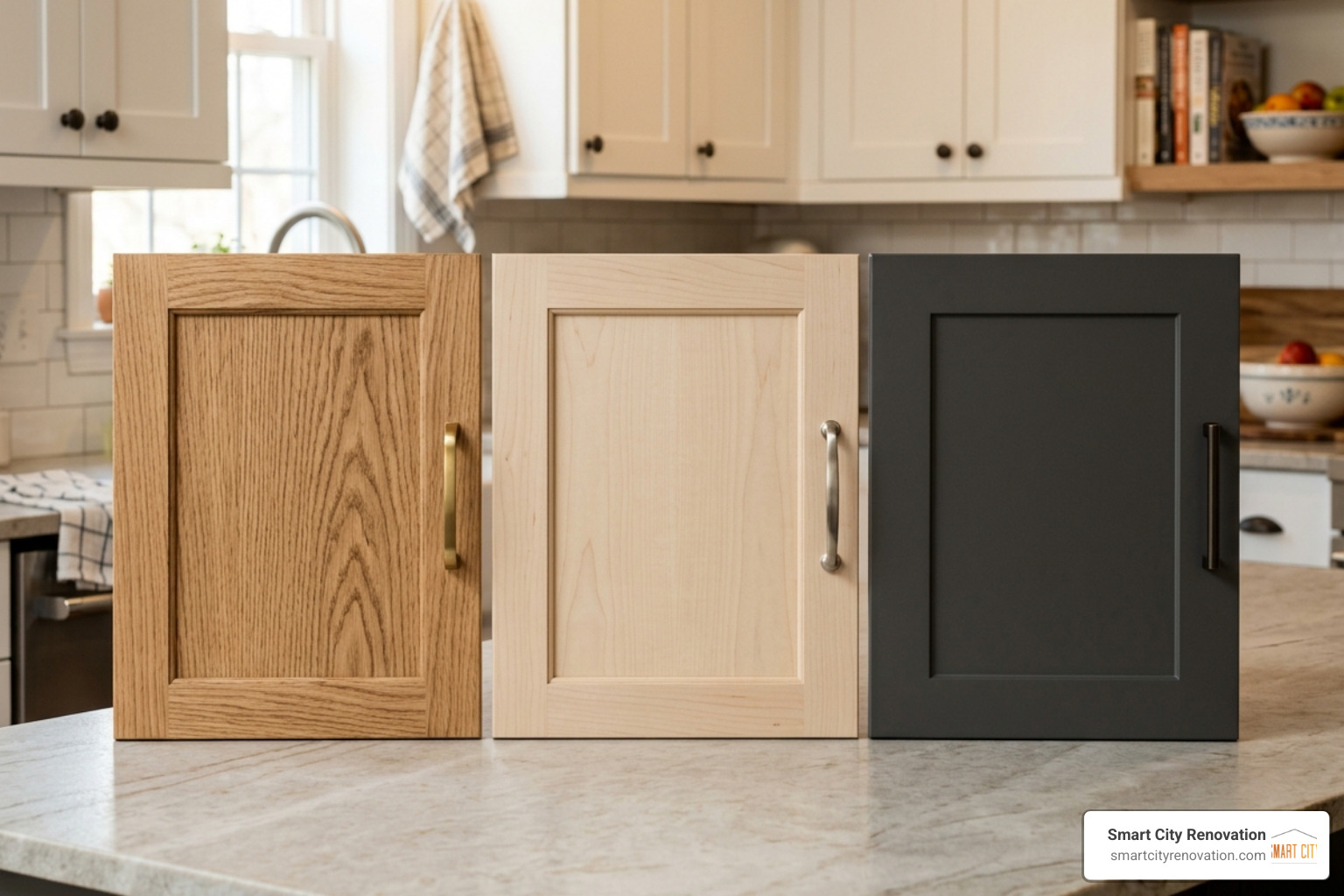 Close-up of different cabinet veneer textures including oak, maple, and modern matte RTF - average cost of kitchen facelift Close-up of different cabinet veneer textures including oak, maple, and modern matte RTF - average cost of kitchen facelift