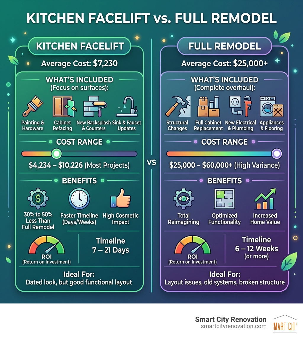 Infographic comparing kitchen facelift cost vs full remodel with ROI and timeline breakdown - average cost of kitchen Infographic comparing kitchen facelift cost vs full remodel with ROI and timeline breakdown - average cost of kitchen