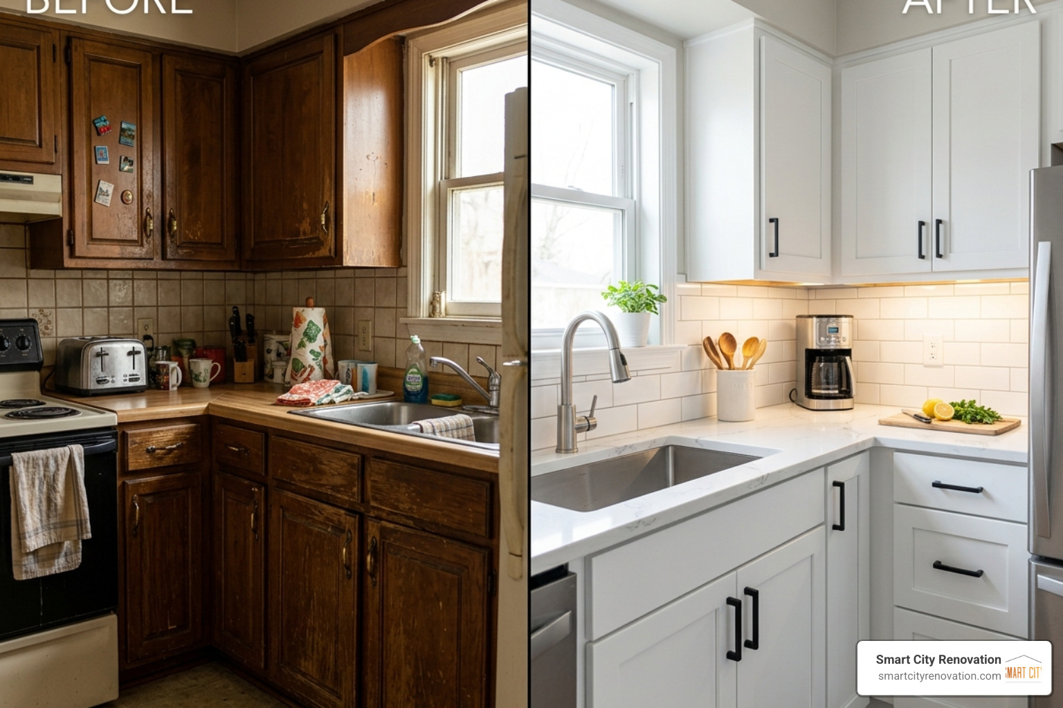 Before and after of a cosmetic kitchen refresh showing painted cabinets and new quartz counters - average cost of kitchen Before and after of a cosmetic kitchen refresh showing painted cabinets and new quartz counters - average cost of kitchen