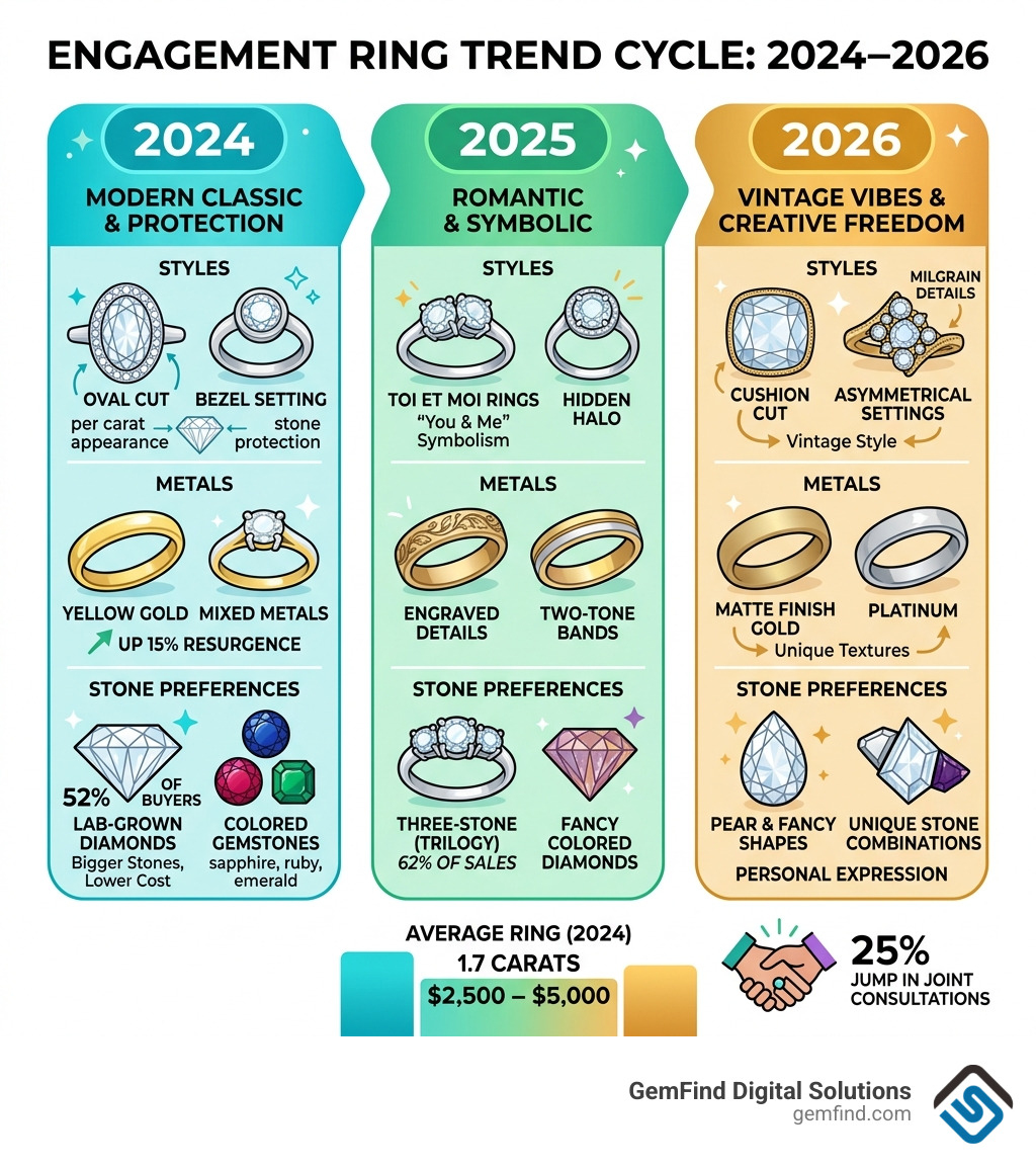 2024 to 2026 engagement ring trend cycle infographic showing top styles, metals, and stone preferences - engagement ring